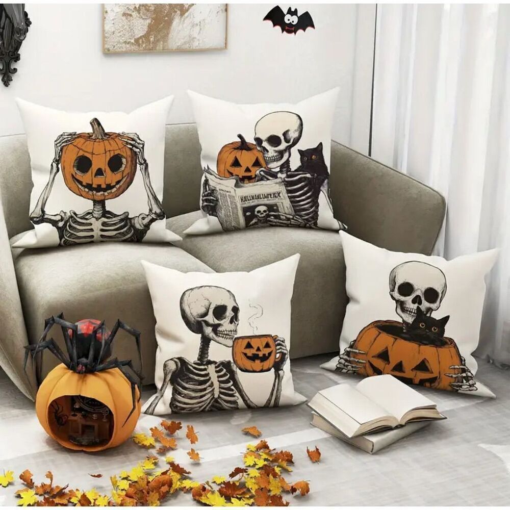 4 Pack Halloween Skeleton Skull Pumpkin Square Throw Pillow Covers Gothic Grunge - Picture 3 of 14